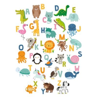 Jungle Alphabet Wall Sticker, jungle wall stickers. Image shows a colourful alphabet sticker arranged in a rectangular format with lots of animals. The sticker has been displayed on a white background.