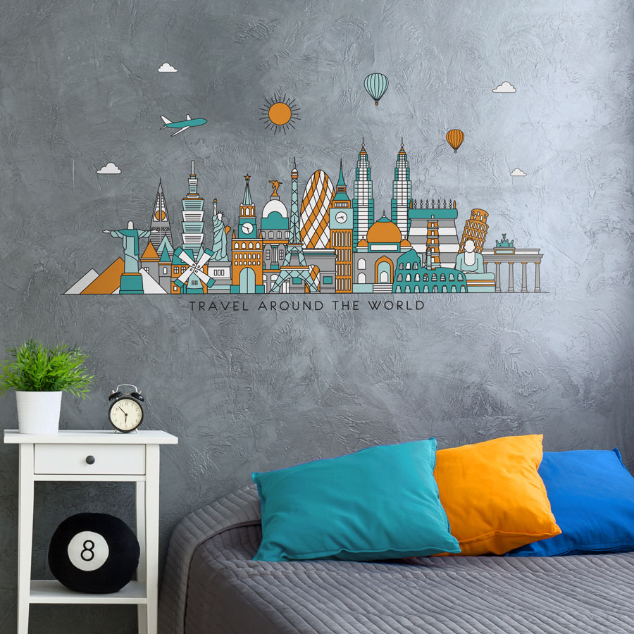 Travel the world wall sticker (Option 1) in large size perfect for decorating a bedroom, study or playroom with a travel theme
