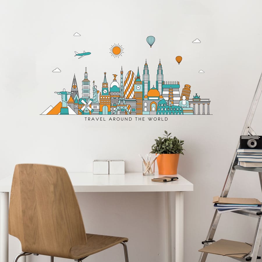 Travel the world wall sticker (Option 1) in regular size perfect for decorating a bedroom, study or playroom with a travel theme