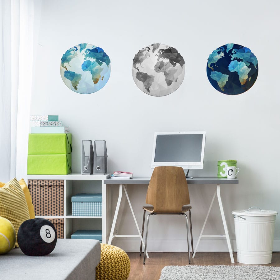 Set of globe wall stickers (3 pack) perfect for decorating a bedroom, study or playroom with a world travel theme