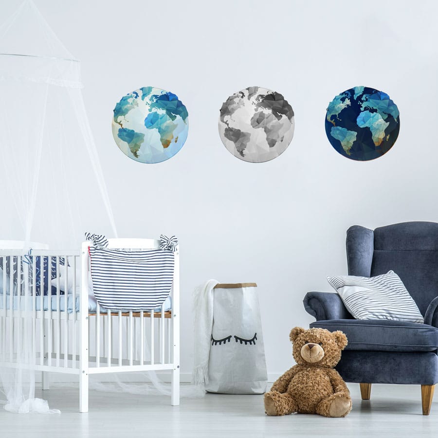 Set of globe wall stickers (3 pack) perfect for decorating a bedroom, study or playroom with a world travel theme
