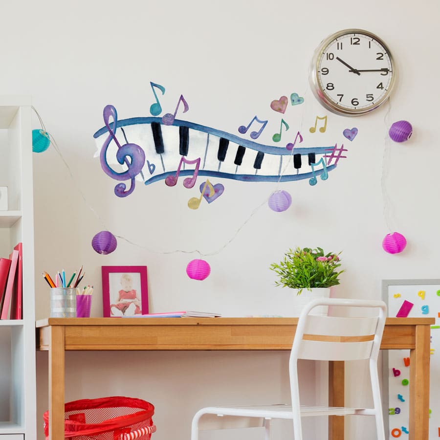 Watercolour piano and notes wall sticker (Regular size) perfect for decorating a child's room or study with a music theme
