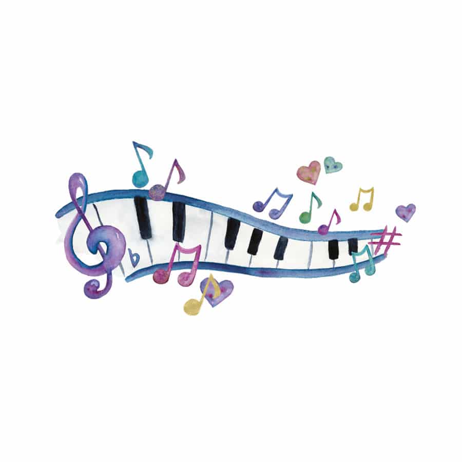 Watercolour piano and notes wall sticker (Regular size) on a white background