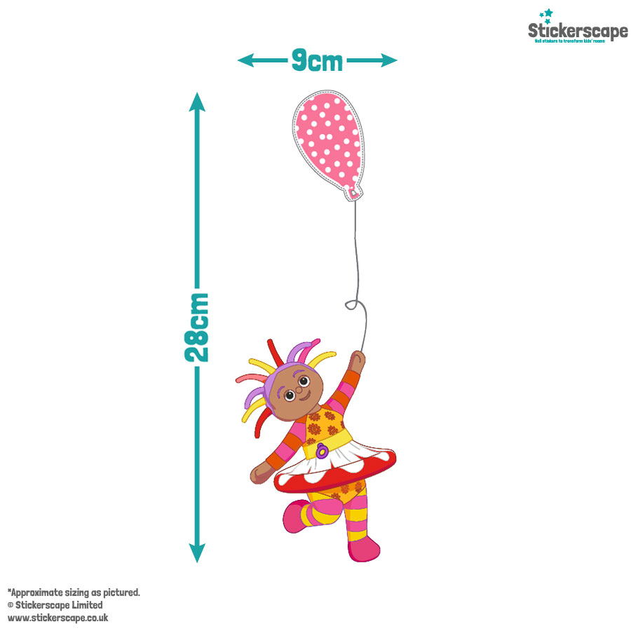Igglepiggle and Upsy Daisy With Balloons window sticker size guide of upsy daisy