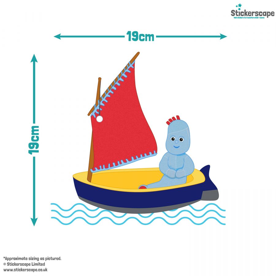 Personalised Hello Igglepiggle window sticker size guide of boat