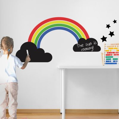 bright coloured rainbow chalkboard wall sticker with chalk clouds