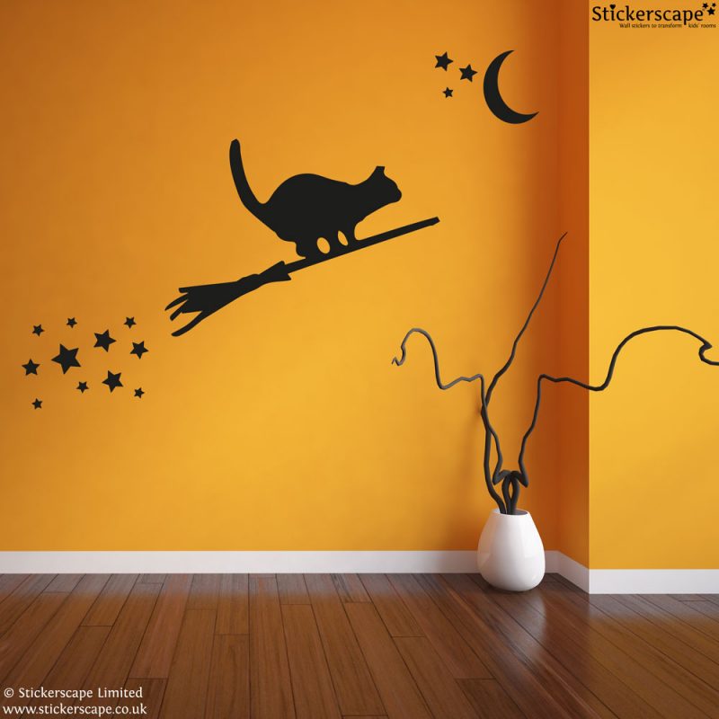 Cat on a broomstick wall sticker | Halloween wall stickers | Stickerscape | UK