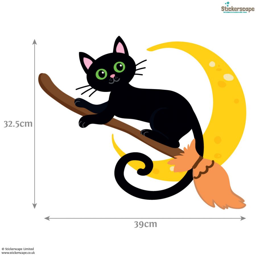 Cat on a broomstick window sticker (Dimensions) | Halloween window stickers | Stickerscape | UK
