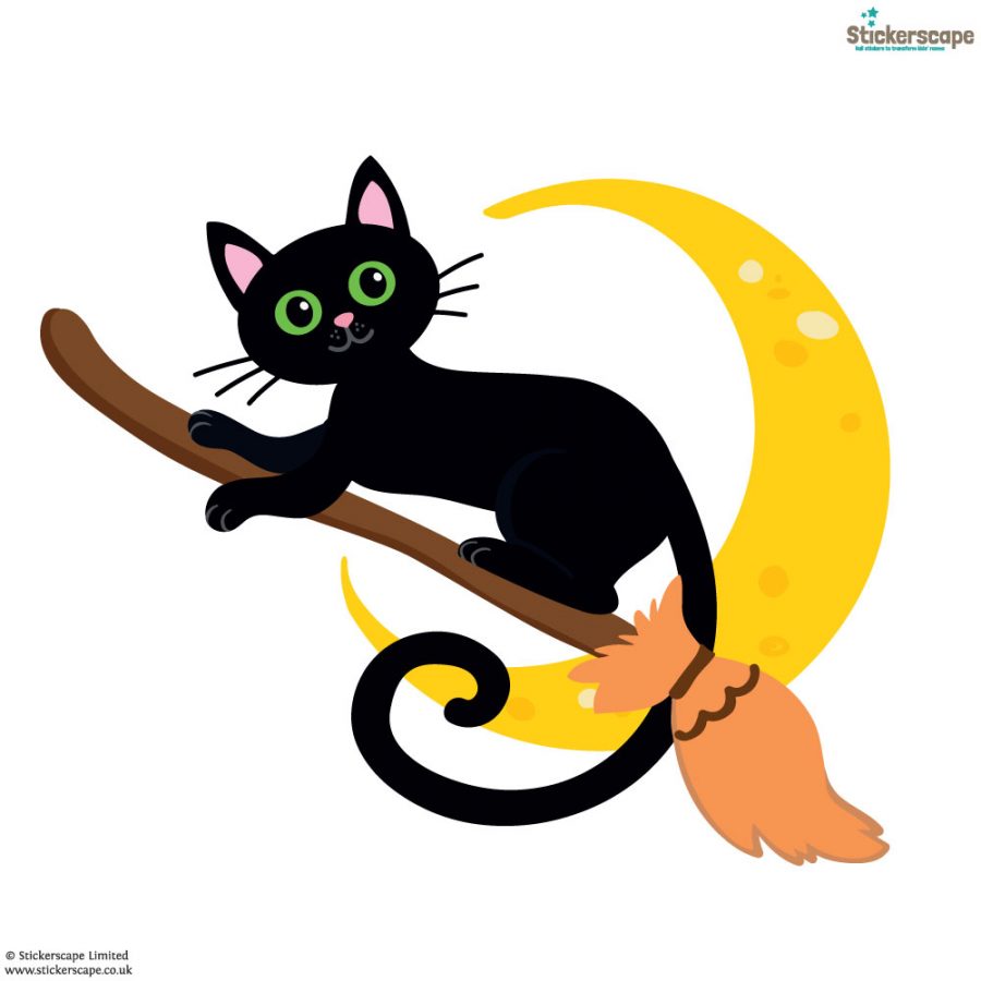 Cat on a broomstick window sticker (White background) | Halloween window stickers | Stickerscape | UK