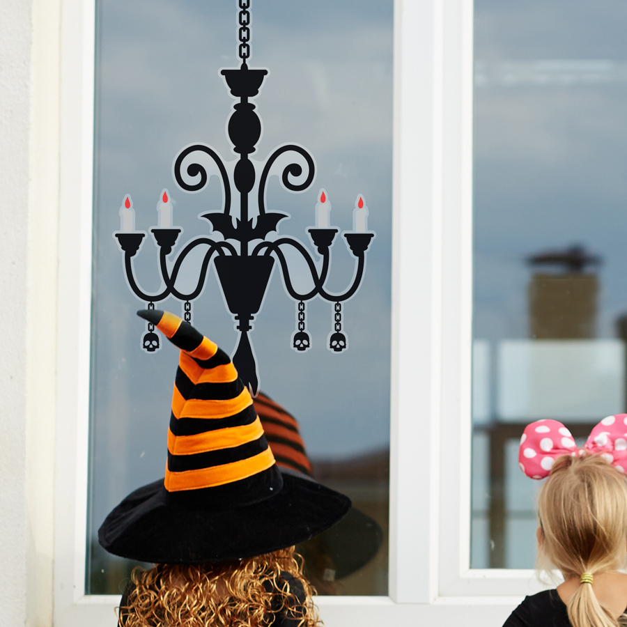 Chandelier window sticker (Large size) features a gothic chandelier with candles, skulls and a bat and is perfect for decorating your windows with this Halloween