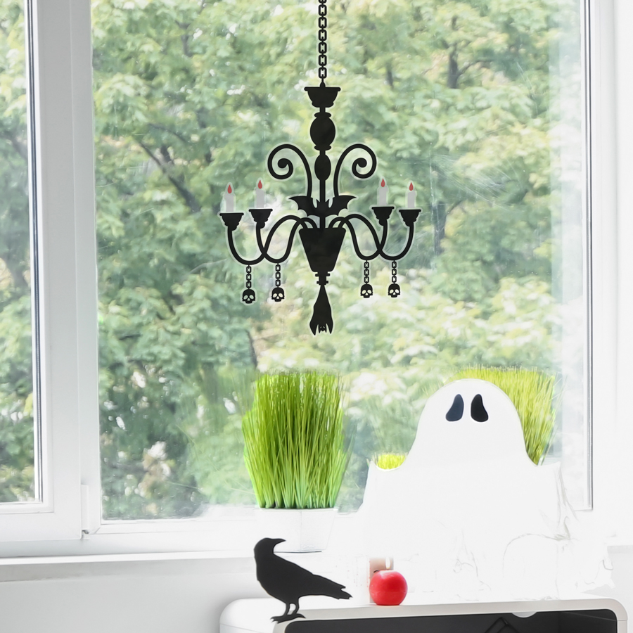 Chandelier window sticker (Regular size) features a gothic chandelier with candles, skulls and a bat and is perfect for decorating your windows with this Halloween