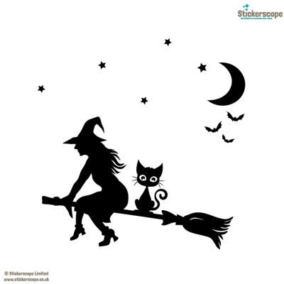Witch and cat on a broomstick window sticker pack available in two sizes perfect for decorating your windows this Halloween