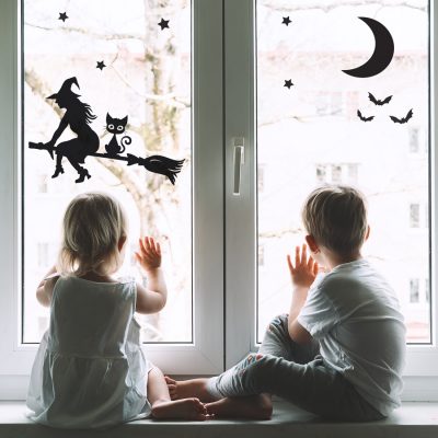 Witch and cat on a broomstick window sticker pack available in two sizes perfect for decorating your windows this Halloween