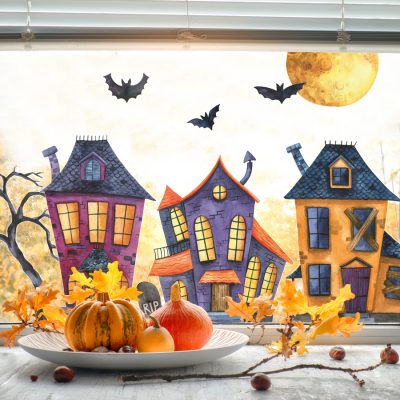 Haunted village window stickers (Regular size) featured haunted houses, bats and much more - perfect for adding a Halloween theme to your windows this October