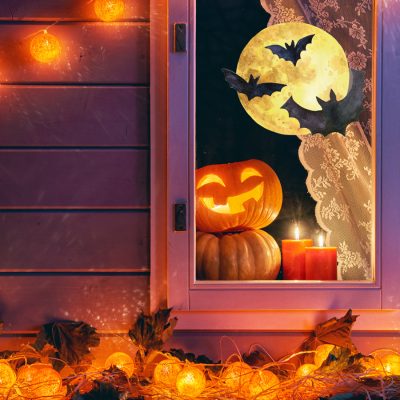 Bat and moon window sticker (Regular size) features a full moon with three bats perfect for adding a Halloween window theme to your home this October