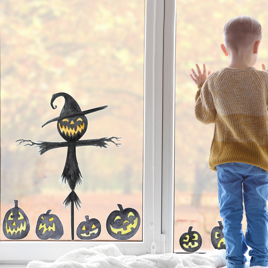 Scarecrow and pumpkin windows stickers features a scary scarecrow and creepy pumpkins and is perfect for decorating your home this Halloween