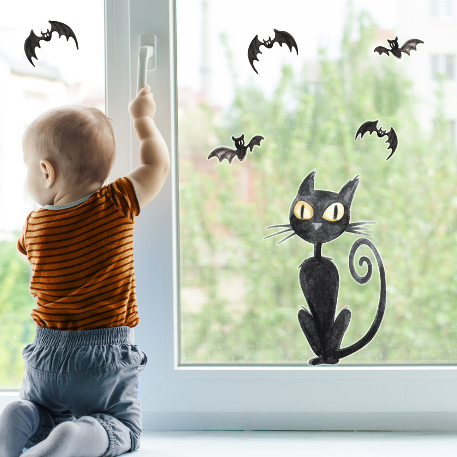 Watercolour cat and bats window sticker pack features a cat with five bat window stickers perfect for decorating your children's rooms for Halloween