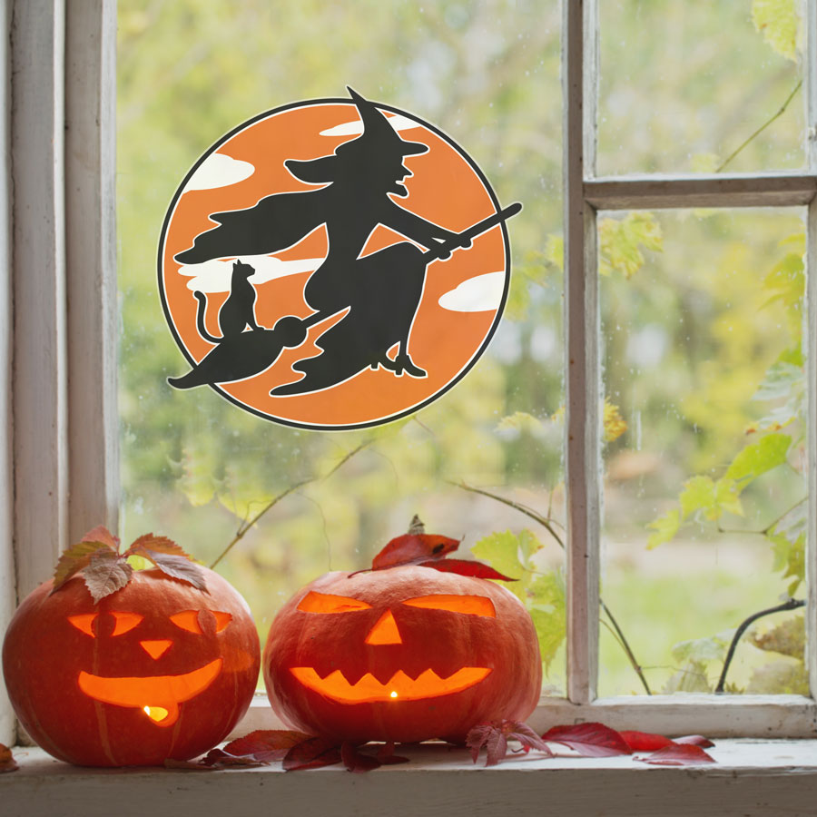 Flying witch and cat window sticker (Regular size) is available in two sizes and is a perfect window decorating this Halloween