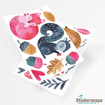 multicoloured woodland stickaround pack, autumn window stickers. Fox, squirrel, bird, leaves, hearts, acorns window stickers.