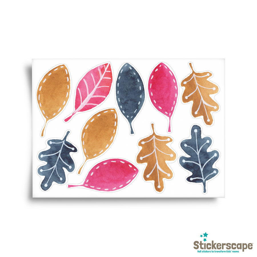multicoloured leaves stickaround pack, autumn window stickers. pink, blue and gold leaves.