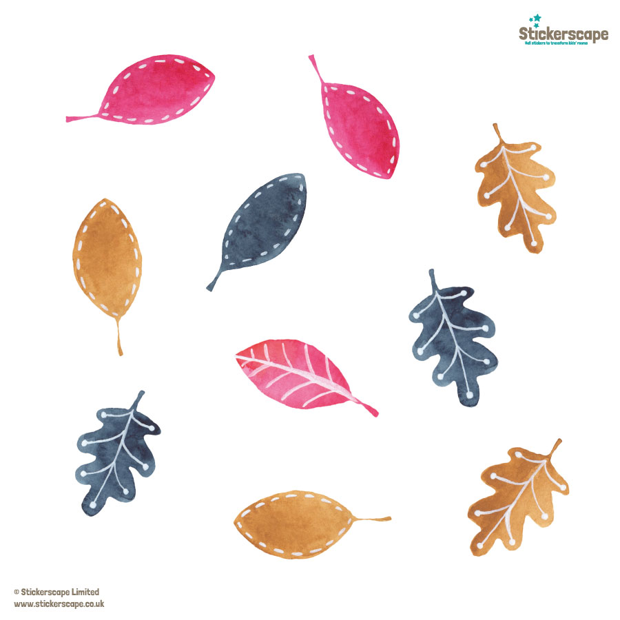 multicoloured leaves stickaround pack, autumn window stickers. pink, blue and gold leaves.