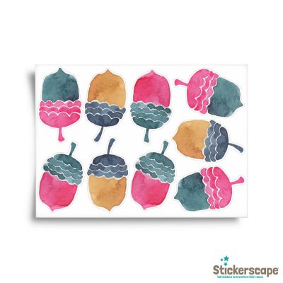 multicoloured acorn stickaround pack, autumn window stickers. blue, pink and gold coloured acorn