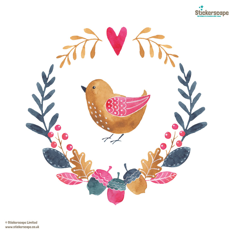 multicoloured woodland window sticker (Option 1), autumn window stickers. Gold bird in middle of a wreath made of blue, green and pink leaves and acorns with pink heart at the top.