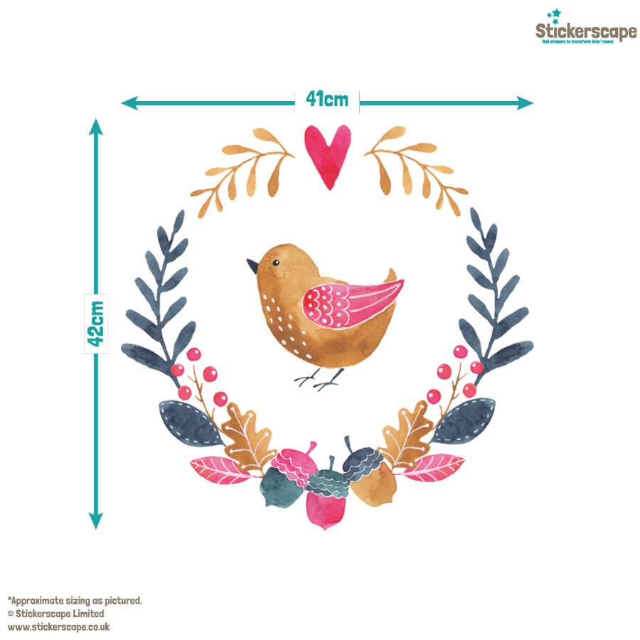 multicoloured woodland window sticker (Option 1), autumn window stickers. Gold bird in middle of a wreath made of blue, green and pink leaves and acorns with pink heart at the top.