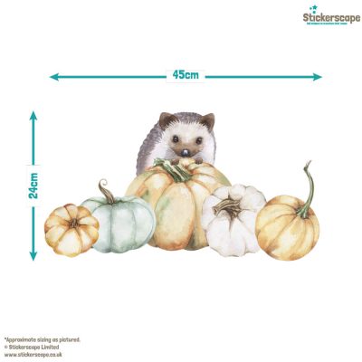 pumpkin and woodland animal window sticker packs (option 1), autumn window stickers. Hedgehog hiding behind middle pumpkin of five in a line.