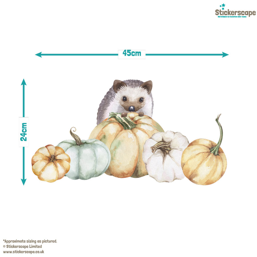 pumpkin and woodland animal window sticker packs (option 1), autumn window stickers. Hedgehog hiding behind middle pumpkin of five in a line.