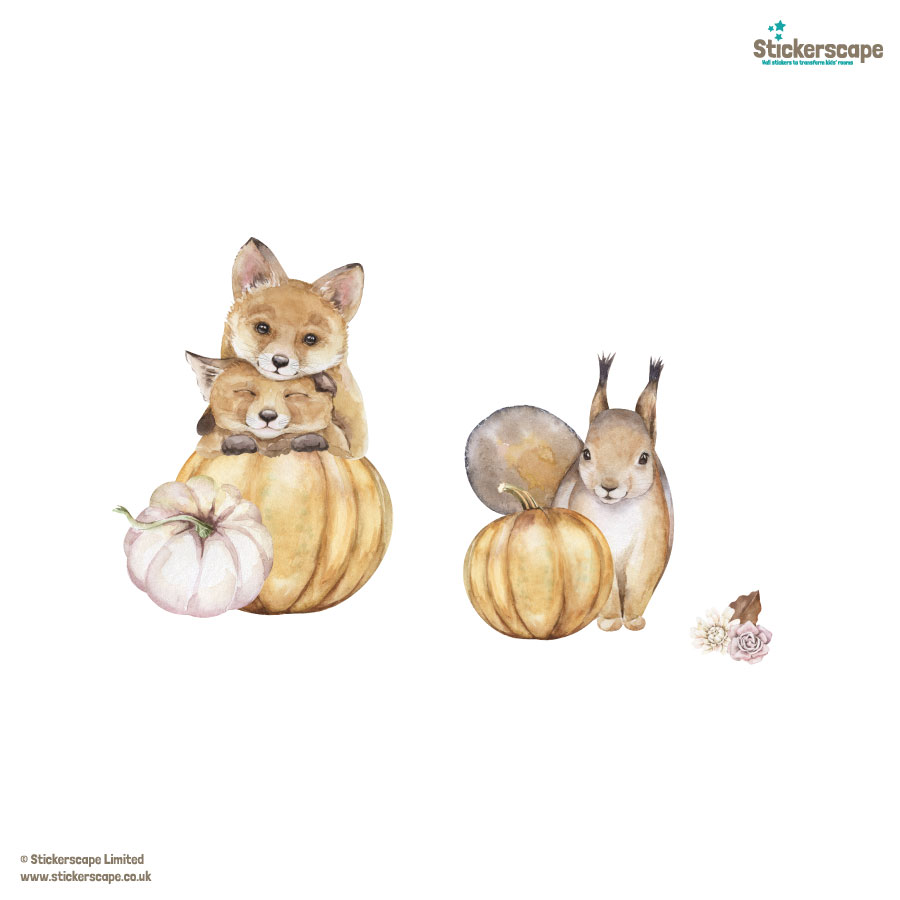 pumpkin and woodland animal window sticker packs (option 2), autumn window stickers. Squirrel with pumpkin, two foxes resting on top of each other with bottom fox head on pumpkin.