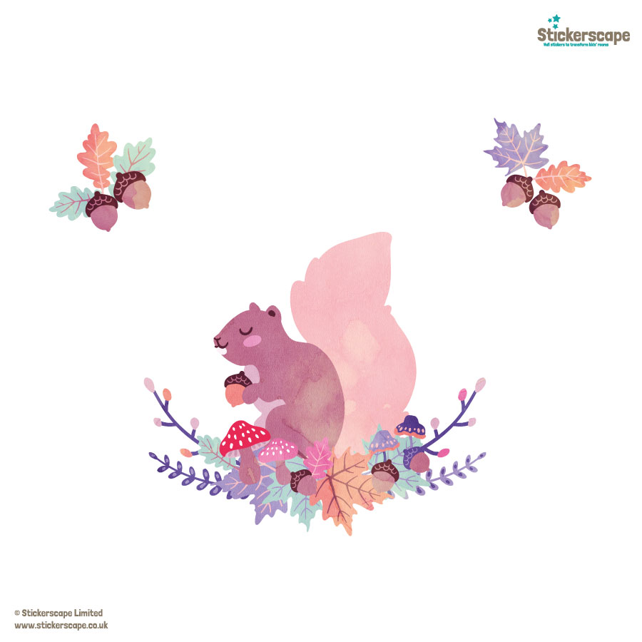 squirrel wreath window sticker, autumn window stickers. Squirrel holding acorn facing left sat on a branch made of leaves, mushrooms and acorns. Small acorns and leaves above in corners.