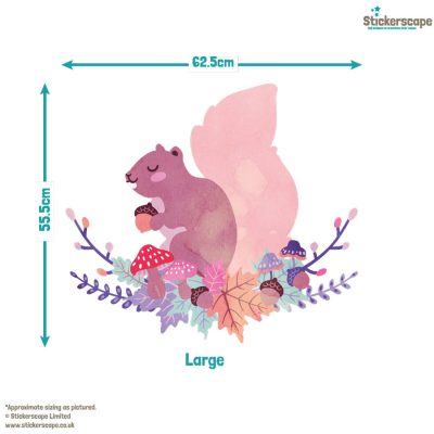 squirrel wreath window sticker, autumn window stickers. Squirrel holding acorn facing left sat on a branch made of leaves, mushrooms and acorns. Small acorns and leaves above in corners.