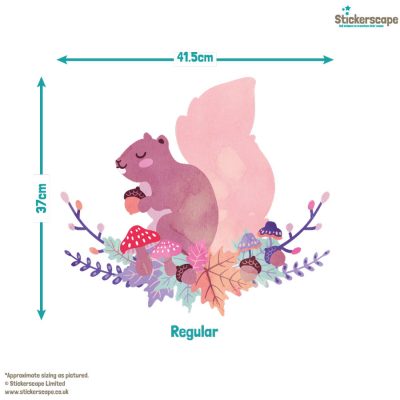 squirrel wreath window sticker, autumn window stickers. Squirrel holding acorn facing left sat on a branch made of leaves, mushrooms and acorns. Small acorns and leaves above in corners.