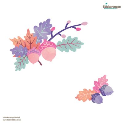 oak branch window sticker , Autumn window stickers. pastel colourful branch with acorns and leaves.