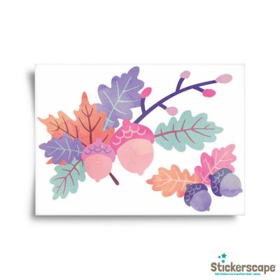 oak branch window sticker , Autumn window stickers. pastel colourful branch with acorns and leaves.
