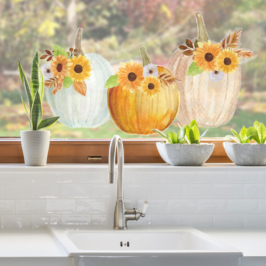 Floral Watercolour Pumpkins Window Sticker (Option 2 - Large) | Autumn Window Stickers | Stickerscape