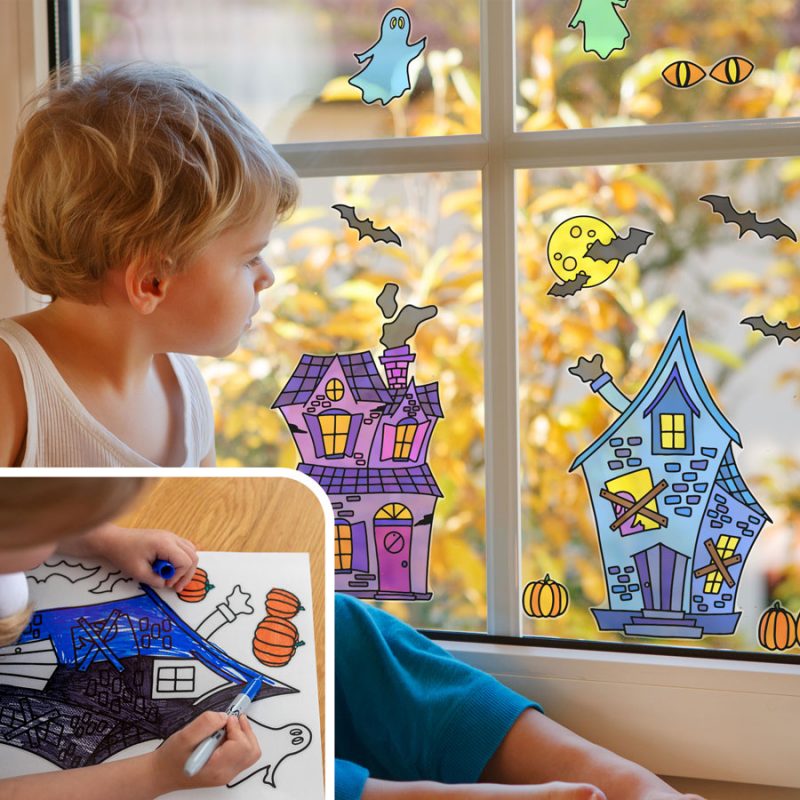 Haunted House Colour-in Window Sticker Pack | Halloween Window Stickers | Stickerscape