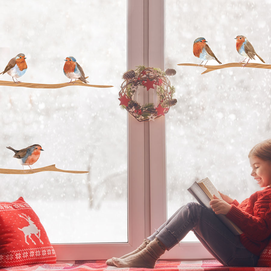 Christmas robins window stickers perfect for decorating large windows and patio doors with children