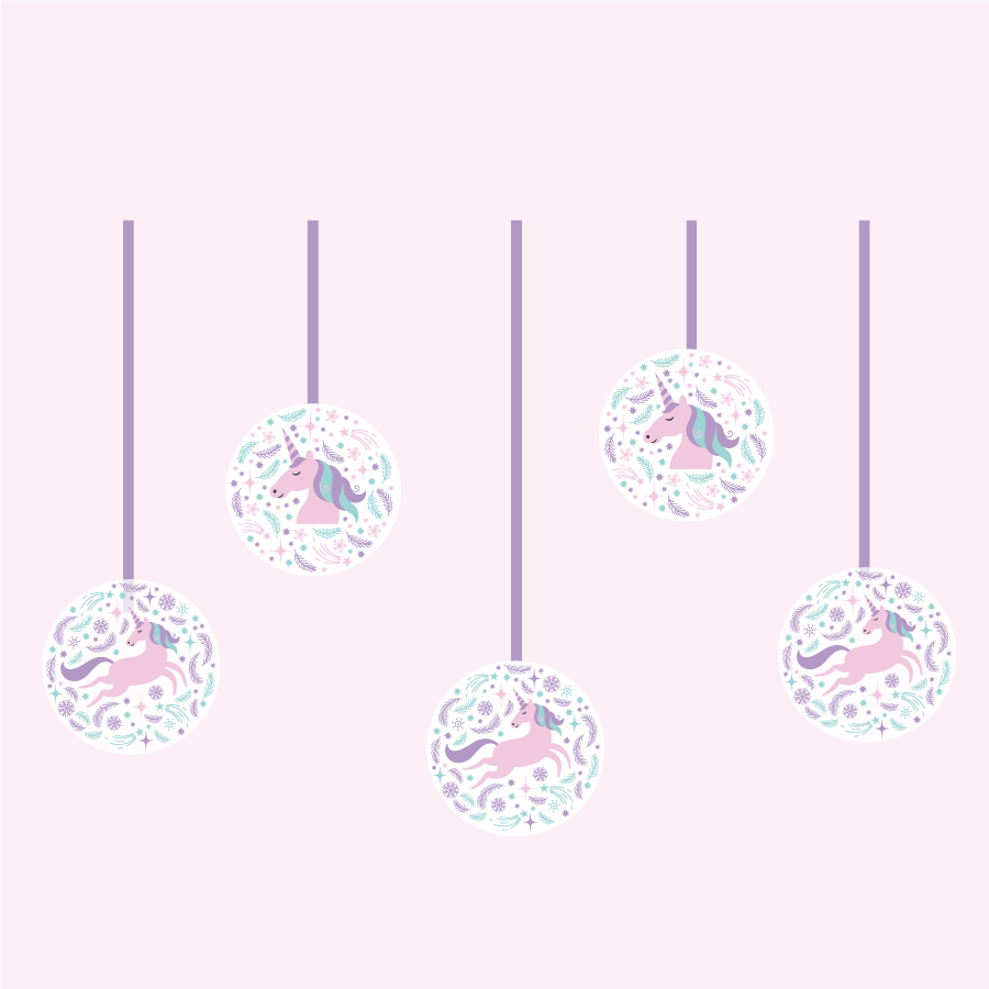 Unicorn bauble window stickers (Option 1) on a pink background