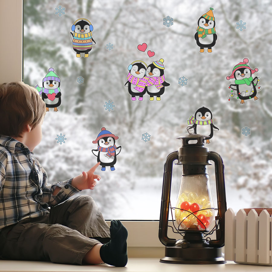 Colour-in Penguin Window Stickers | Christmas Window Stickers | Stickerscape