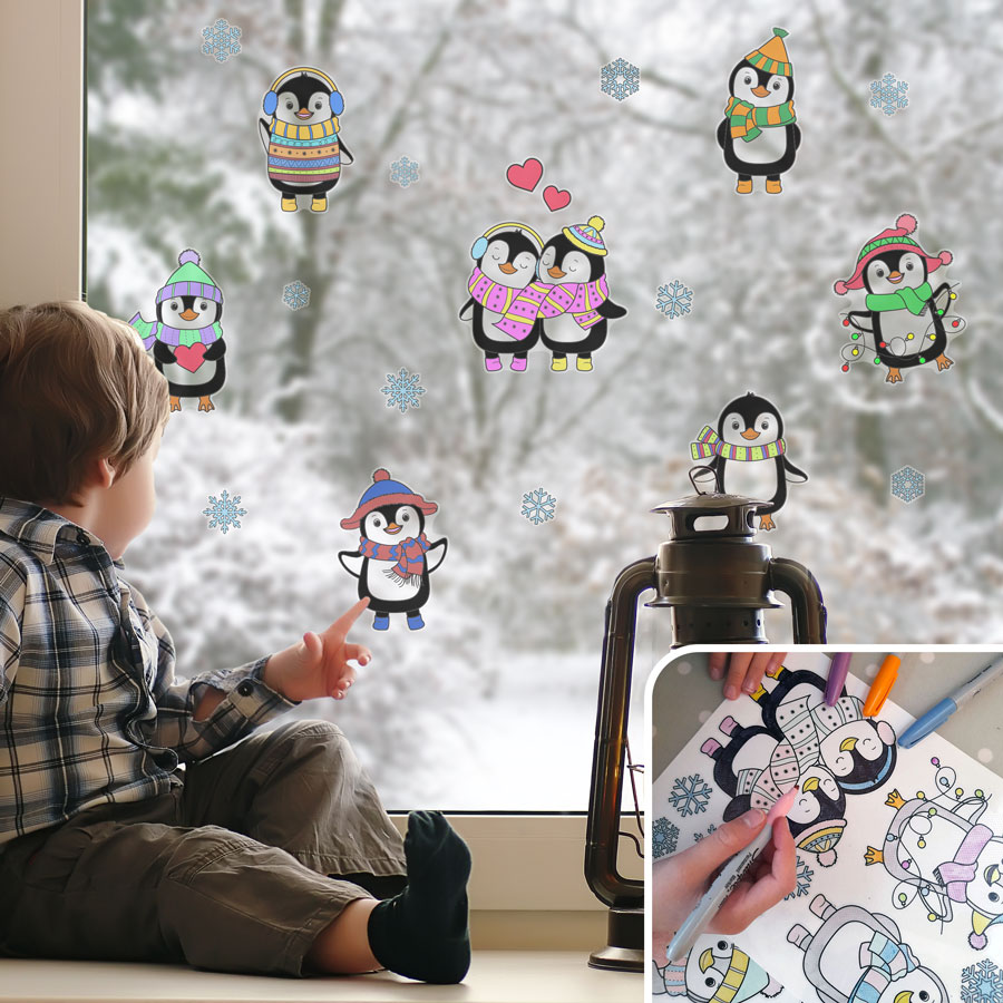 Colour-in Penguin Window Stickers | Christmas Window Stickers | Stickerscape