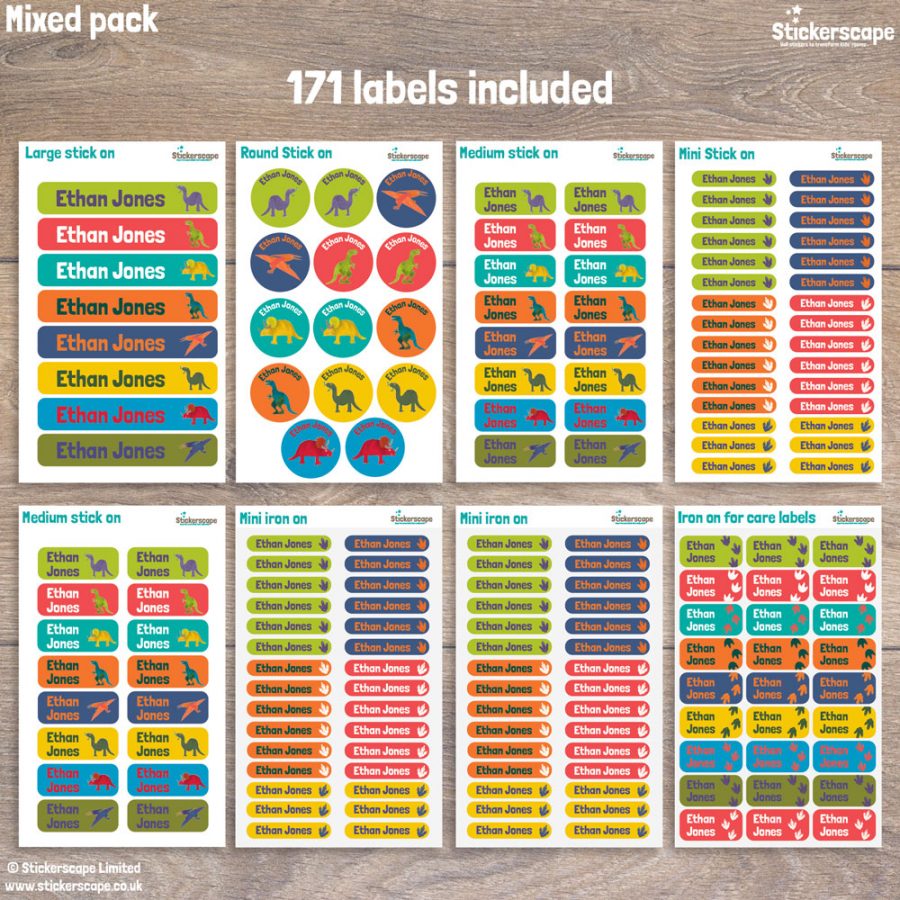 Dinosaur name labels - mixed pack layout