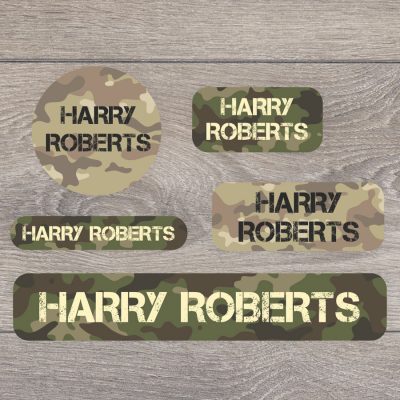 Camouflage name labels perfect for labelling your childs lunchbox, bottles, clothes ready for nursery or school