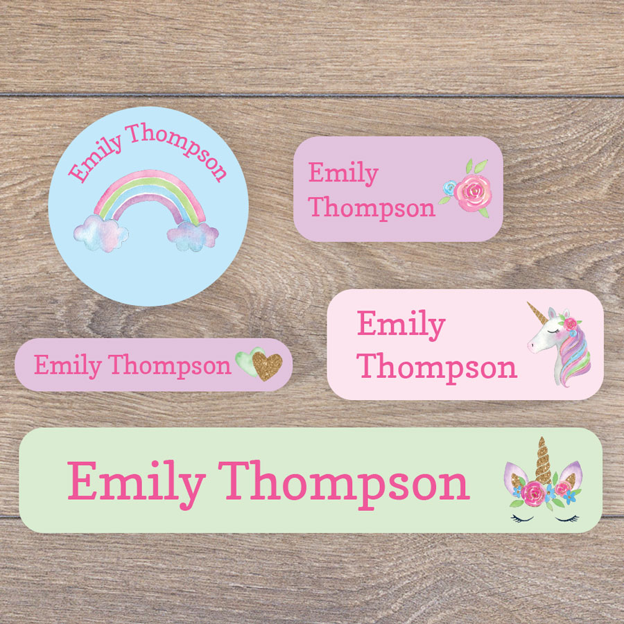 Unicorns and rainbows name labels perfect for labelling your childs lunchbox, bottles, clothes ready for nursery or school