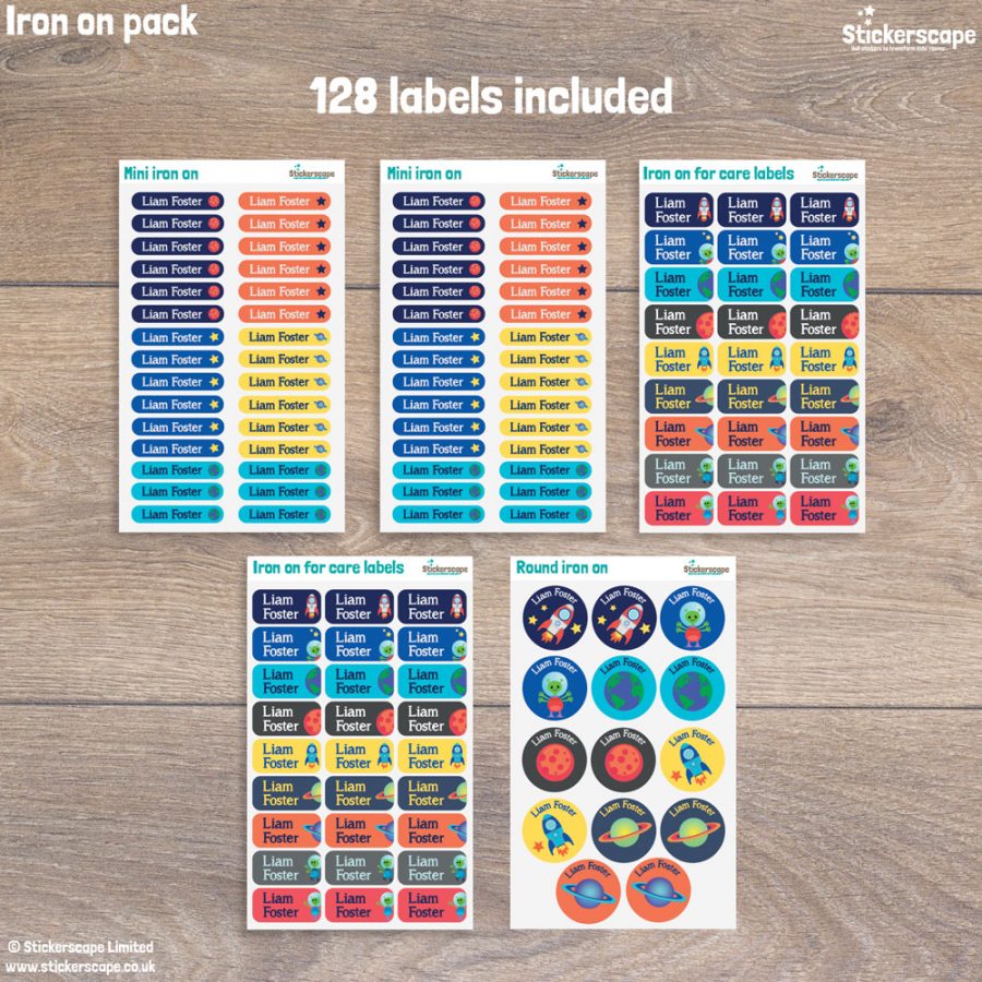 Space iron on name labels pack layout
