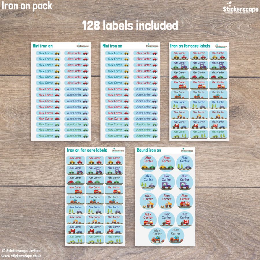 Transport iron on name labels pack layout