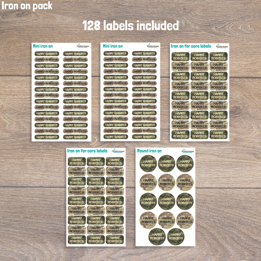 Camouflage iron on name labels sheet layout