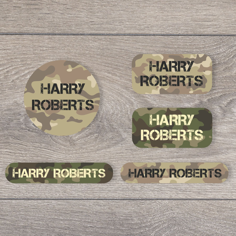 Camouflage iron on name labels perfect for labelling your child's clothes or uniform for school or nursery