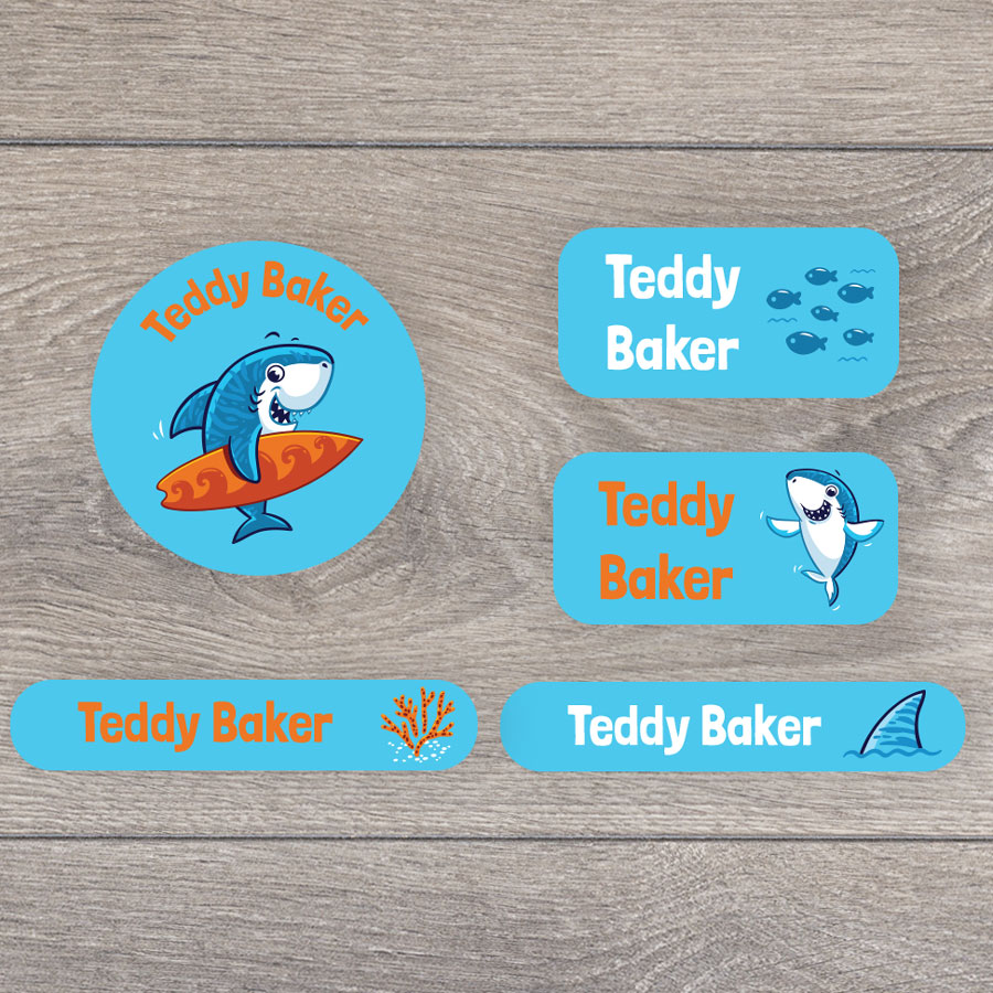 Little shark iron on name labels perfect for labelling your child's clothes or uniform for school or nursery